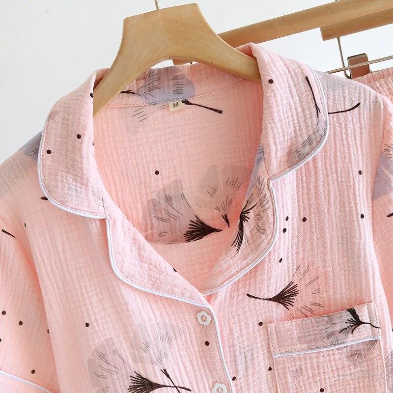 2026 Лето Новая Женская Пижама Комплект из трех предметов 100% Чистый Хлопок Креп Короткий Рукав+Шорты+Длинные Брюки Тонкая Домашняя Ярость Дамы