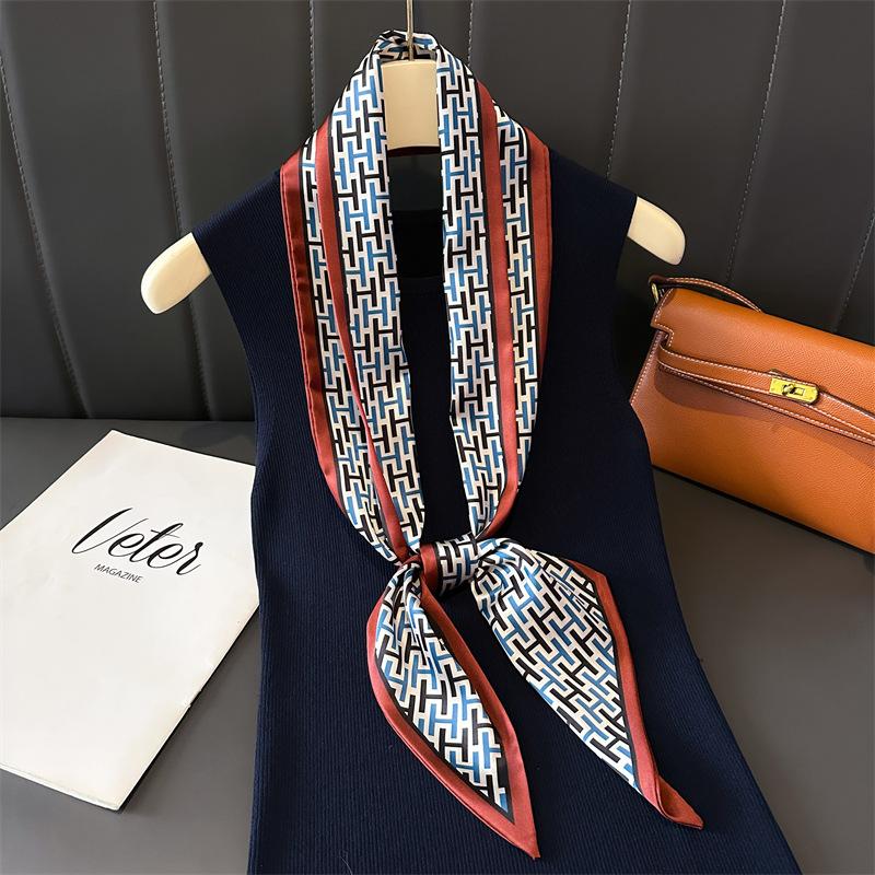 Women Luxury Design Silk Scarf Satin Hair Hairband Tie Neck Scarf Narrow Slanted Ribbon Neckerchief For Wedding Occupation