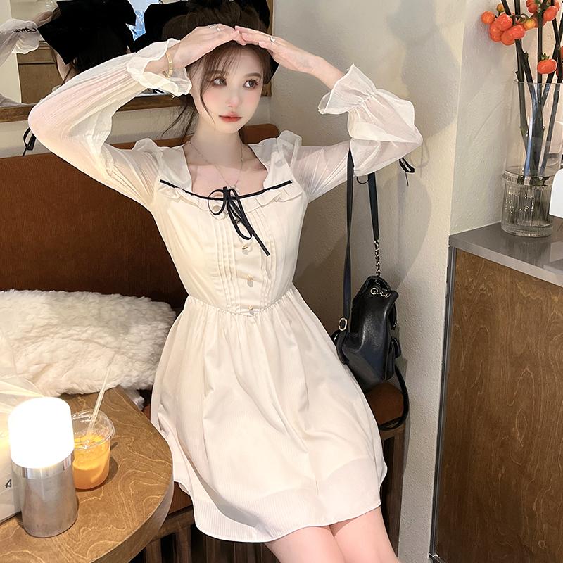 Весеннее милое платье с длинным рукавом, женские корейские белые осенние вечерние платья с квадратным воротником