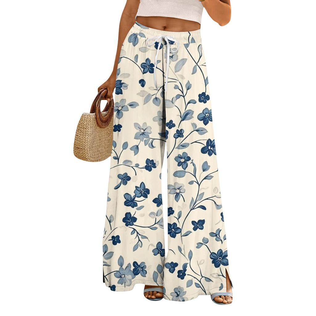 Женские брюки с принтом и широкими штанинами, с карманами, с высокой талией, на кулиске, свободные, повседневные