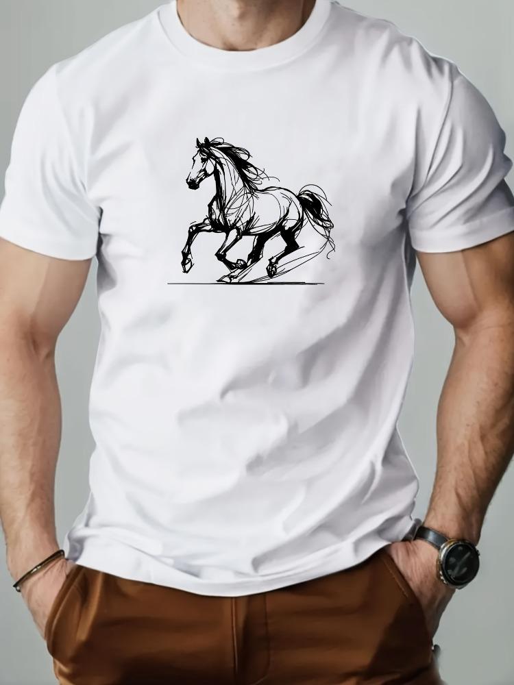 Unisexs Tee Line Sketch Running Horse Graphic Print Cotton Short Sleeve Male Casual Streetwear Outdoor Daily Basic Fashion Top