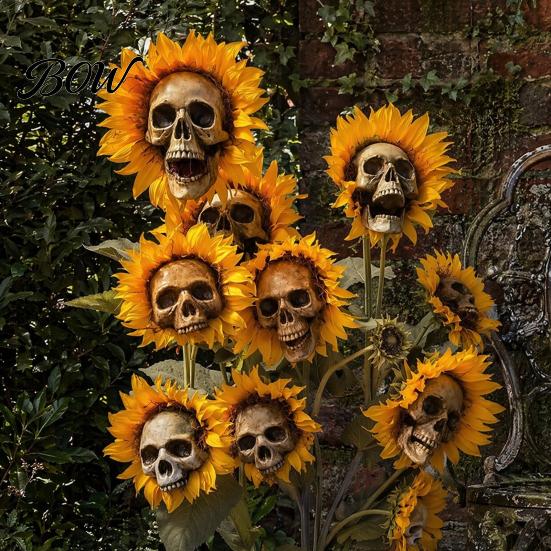 Scary Sunflower Sculpture Skull Ornament, Halloween Theme Garden Decor, Potted Housewarming Ornament Plant Waterproof Outdoor Decoration,