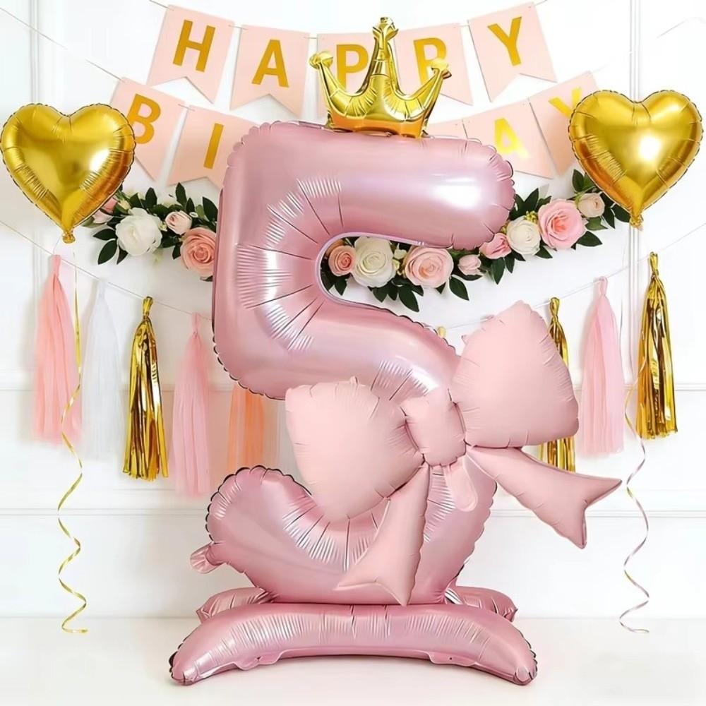 Standing Design Aluminum Foil Balloons Crown Shape Pink Number Balloons Birthday Parties