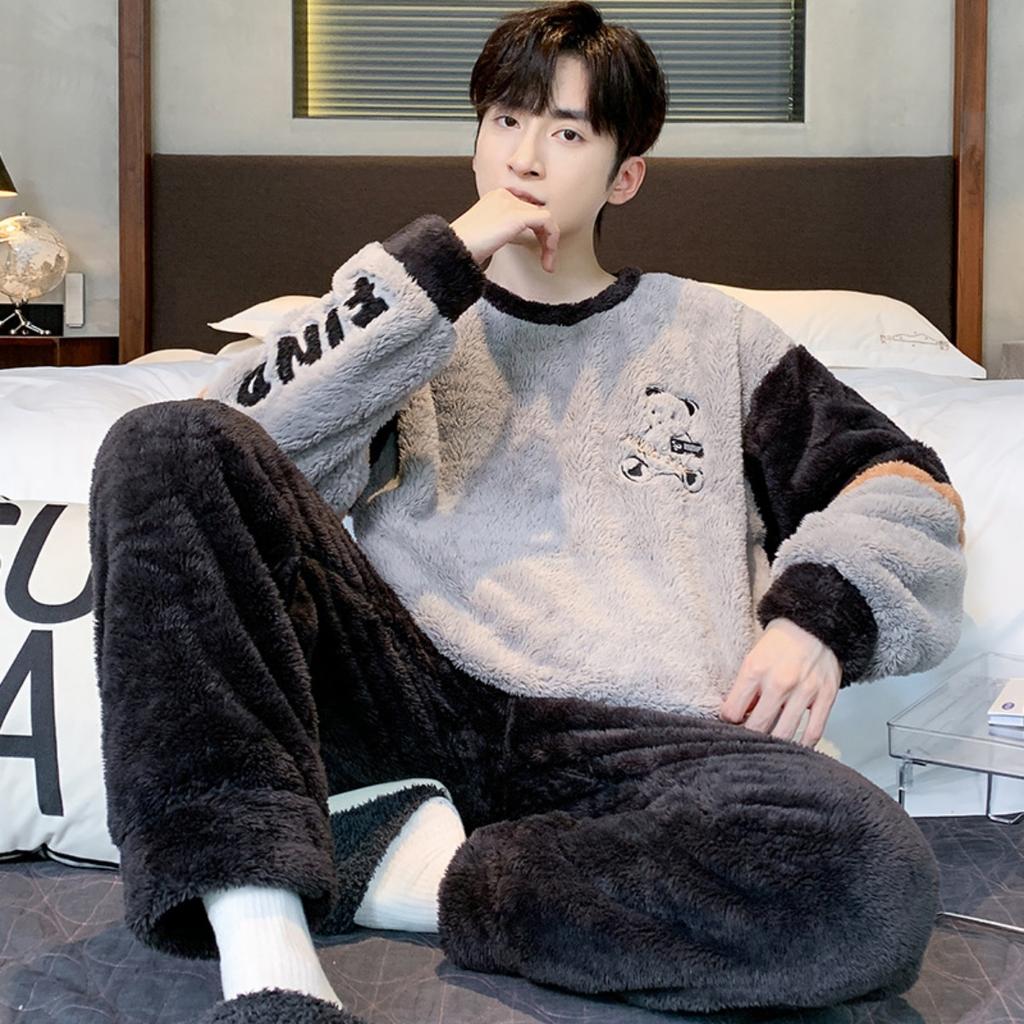 Зимняя одежда, коралловый флис, пижамы, мужская одежда, утепленный флис, круглый вырез, брюки с длинными рукавами, костюмы, домашняя одежда