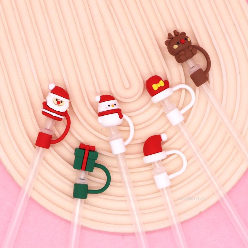 1pc Christmas Straw Cover Caps Silicone Straw Tips Protectors for 10mm 8mm Drinking Straws Reusable Cute Straw Toppers Cup Cover
