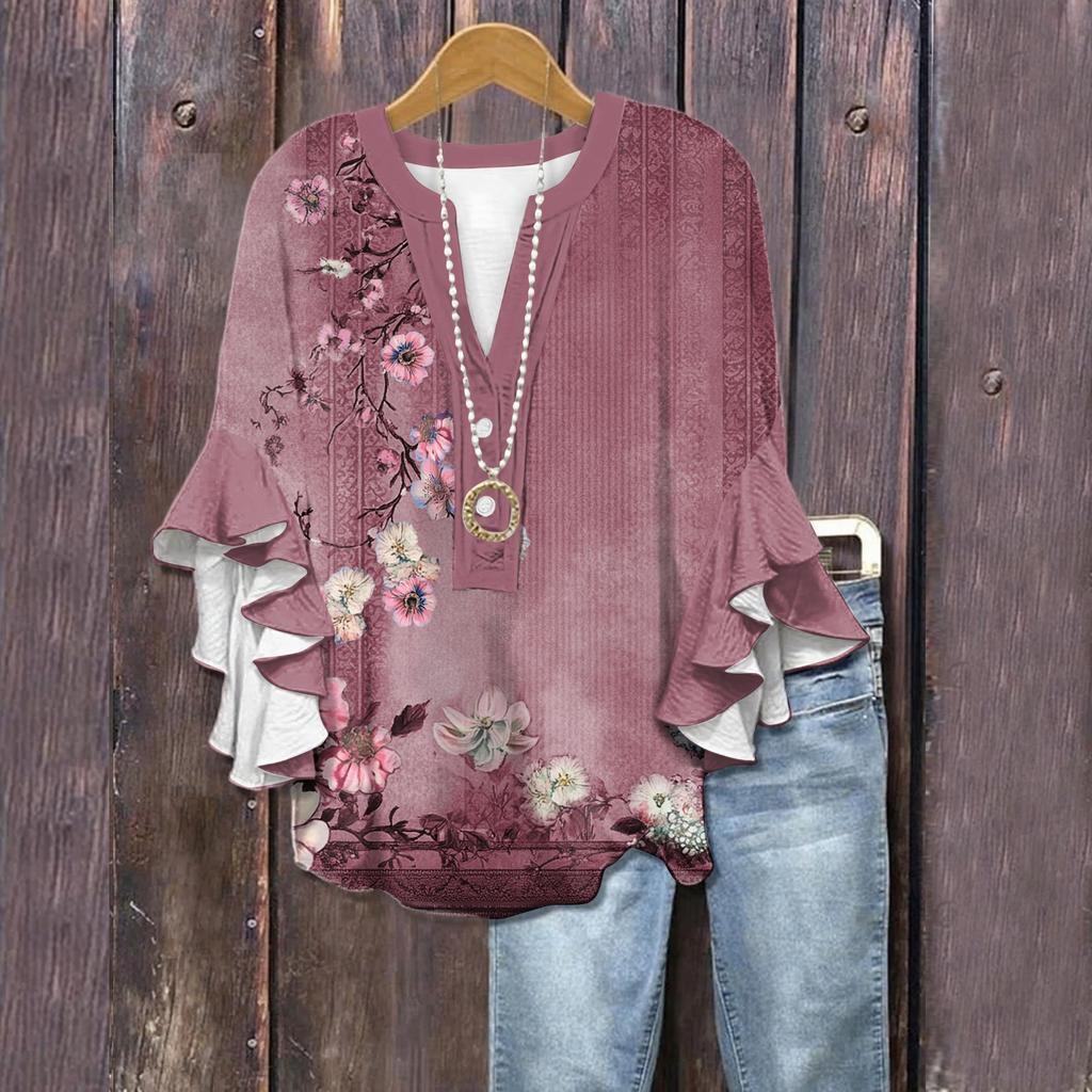 Summer Tops For Women Cute V Neck 3/4 Sleeve Blouses Floral Print Top Casual Shirts