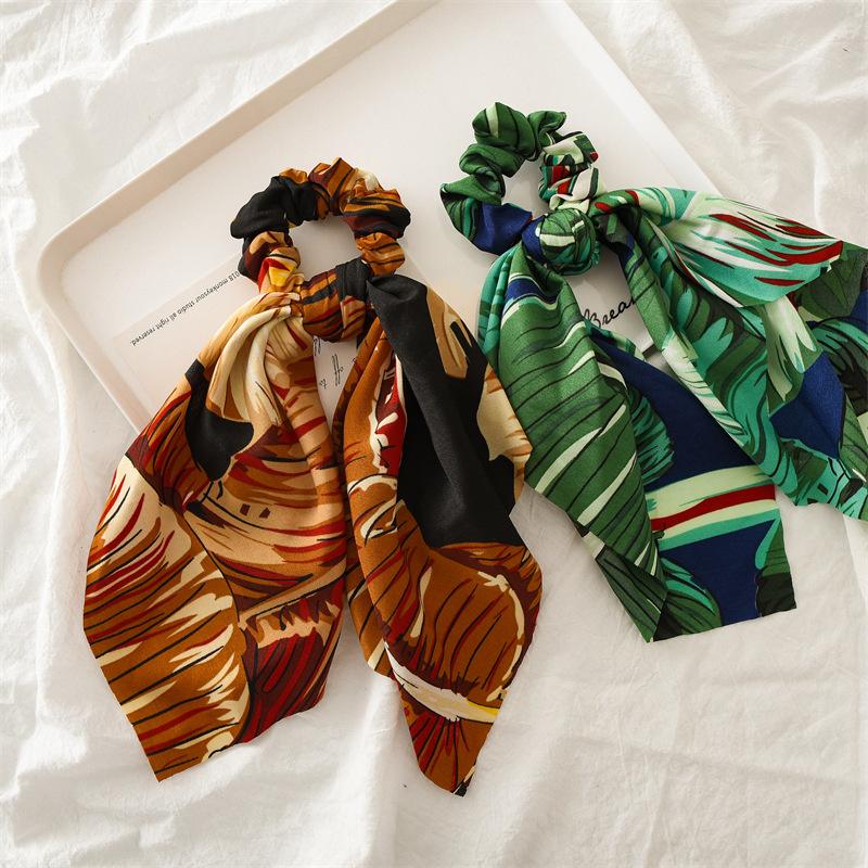 New Fashion Print Leaf Long Scarf Hair Band For Women Scrunchie Elastic Ribbon Bow Tie Ponytail Holder Hair Accessories Headwear