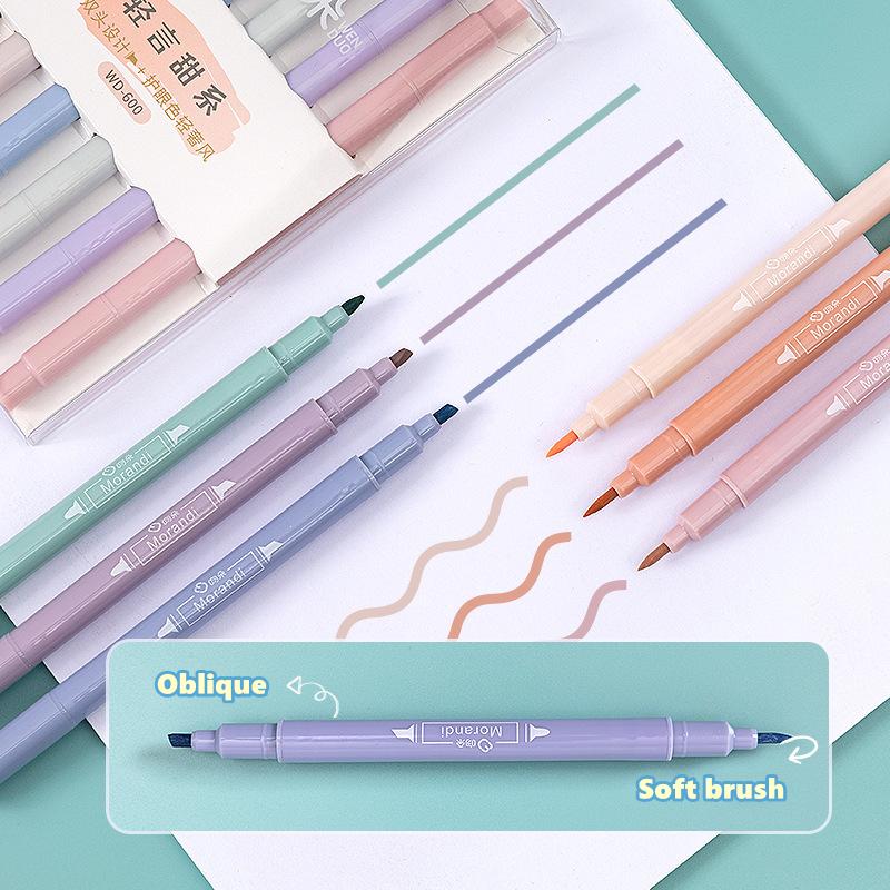 6pcs Light Color Highlighter Marker Pen Set Double Ended Oblique / Brush Tip Spot Liner Drawing Painter Office School