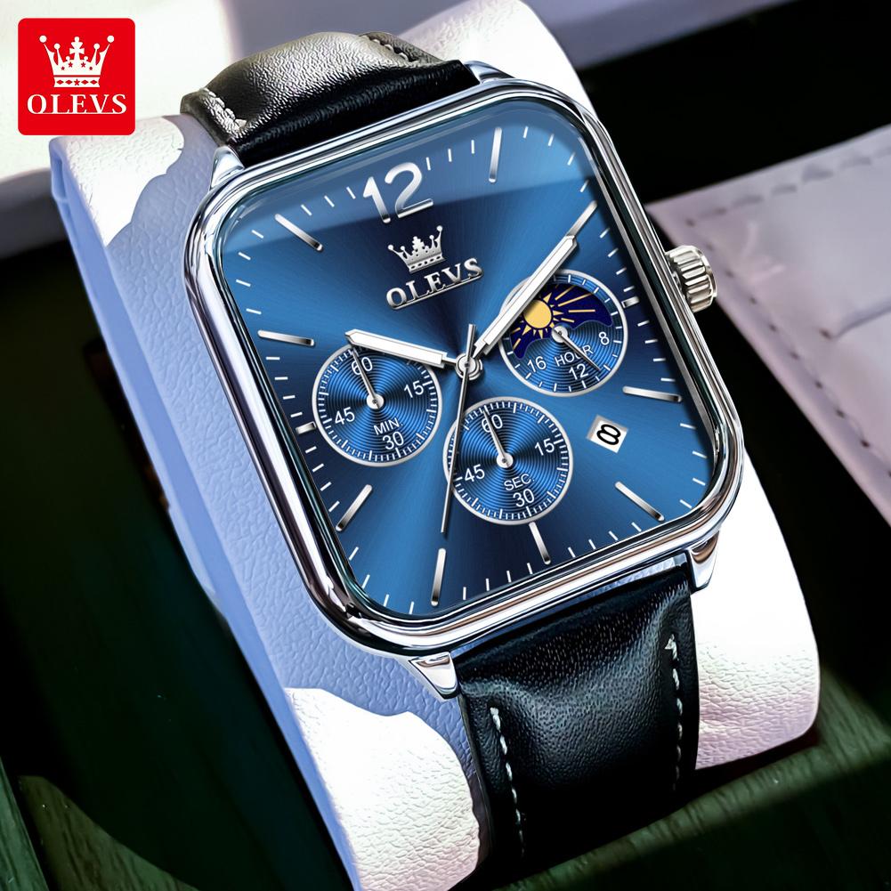 Square Quartz Men's Watch Three Eye Timer Moon Phase Automatic Date Waterproof Luminous Sports Watch