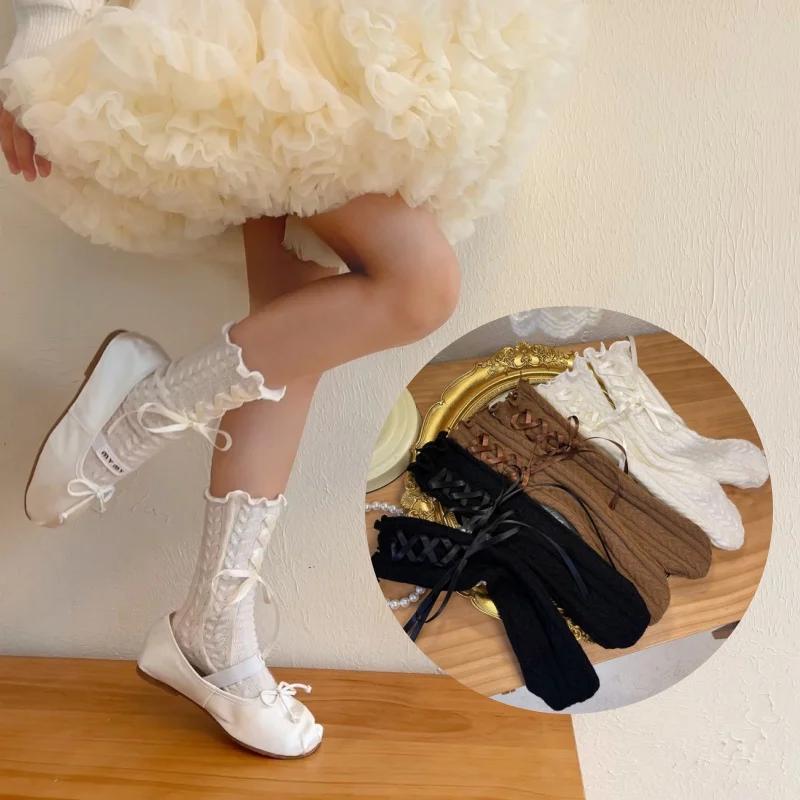 1 Pair Fashion Design Kids Girl Sock Korean Lace Bow Ribbon Ruffle Calf Sock for Children Autumn Spring Wool Cashmere Sock