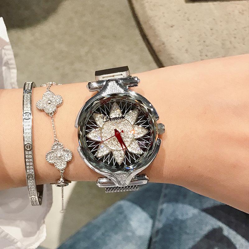 Новые женские часы со стразами и подсолнухом, женские часы с сетчатой цепочкой и магнитной застежкой, кварцевые часы