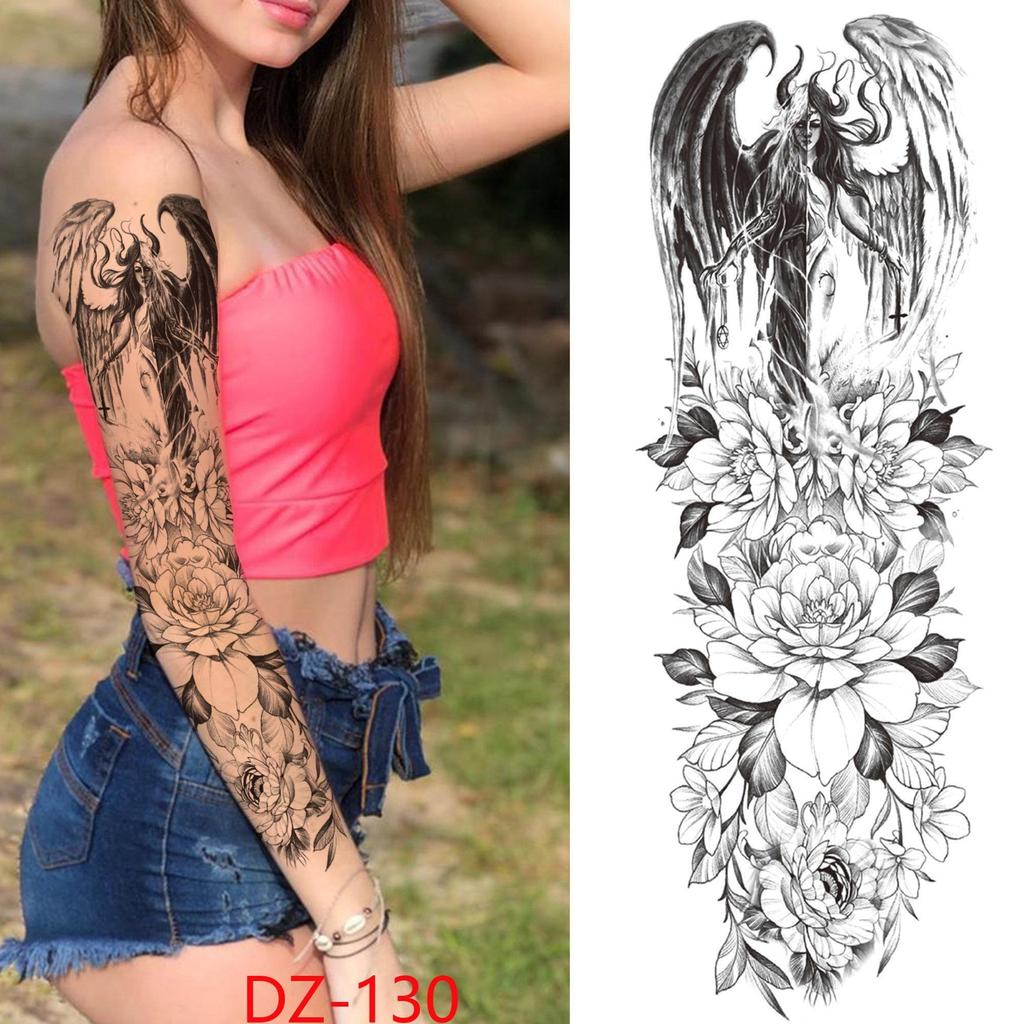 New 1 PC 480*170MM Super Large Compass Wolf Head Eye Fake Lion God Feather Temporary Tattoo Sleeves For Men Women Tattoo Full Arm Tattoo Sticker