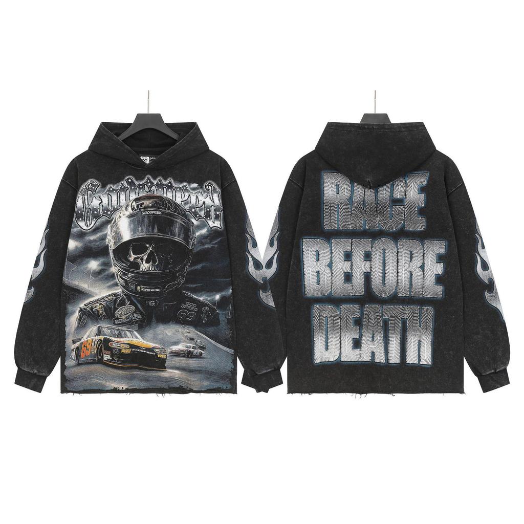 Худи с ретро-принтом 'God Bless America' в стиле рок-стрит, стиранное, повседневное, свободного кроя