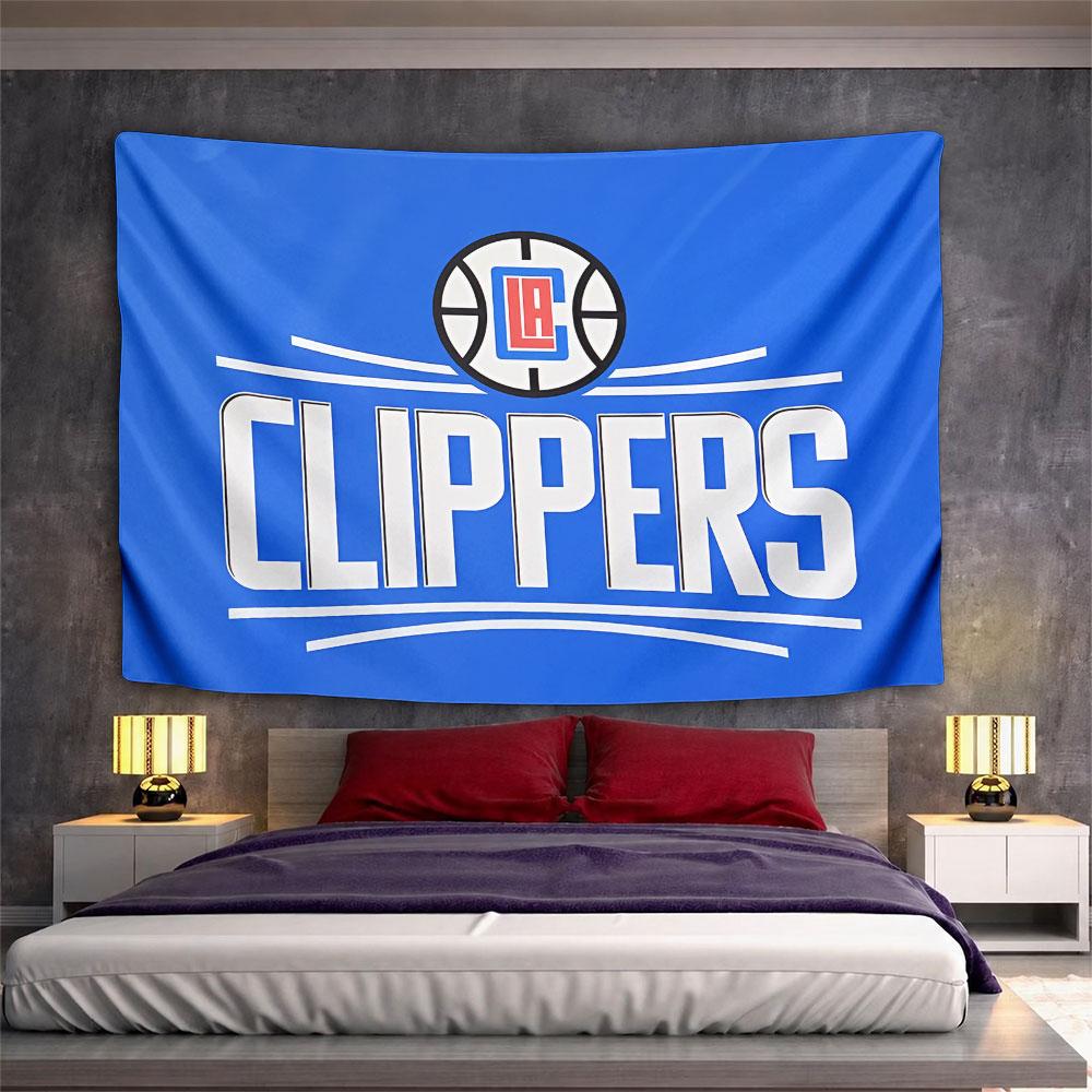 Basketball logo with "LA" and "CLIPPERS" text on a blue background. Patterned tapestry for bedroom and living room home decor