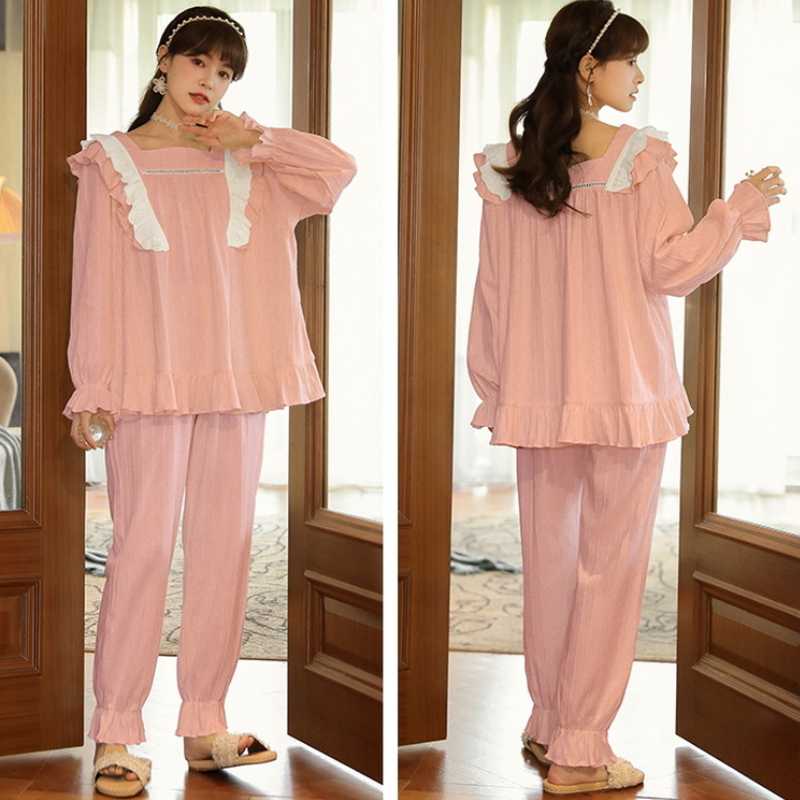 Autumn Winter Women Korean Temperament Retro Sweet Long-sleeved Cotton Pajamas Set Nordic Fashion Palace Style Princess Style Home Clothes
