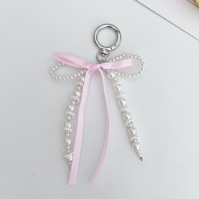 Women Girls Keychains Rings Holders Pearls Silk Ribbon Sweet Y2K Bag Pendants Creative