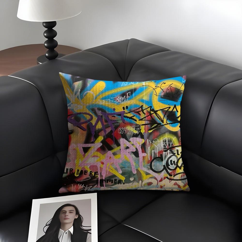 Colorful Graffiti Fashion Cushion Cover Natural Linen Organic Fabric DoubleSided Printing Sofa Home Decor Gift Pillow Case