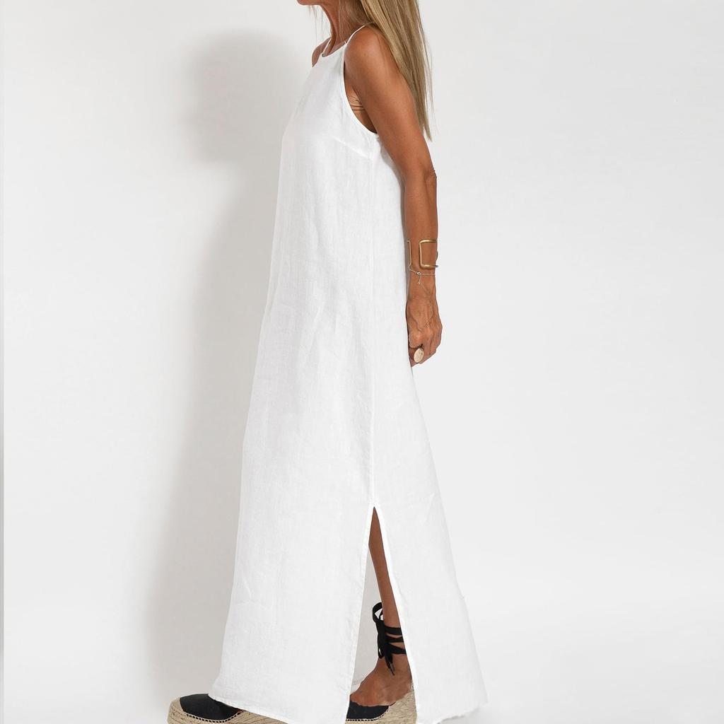 Женские модные повседневные свободные платья из хлопка и льна с разрезом без рукавов