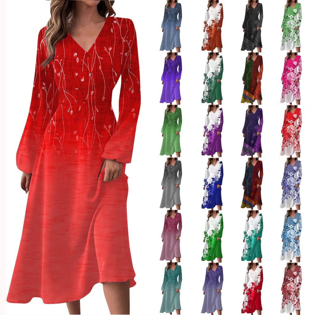 Женское осенне-зимнее повседневное модное длинное платье с v-образным вырезом и длинным рукавом с цветочным принтом