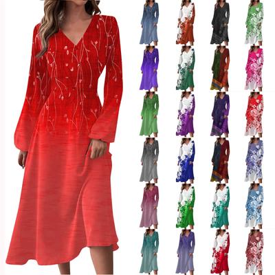 Женское осенне-зимнее повседневное модное длинное платье с v-образным вырезом и длинным рукавом с цветочным принтом