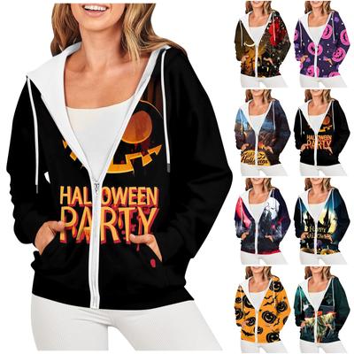 Женская повседневная мода Хэллоуин принт длинный рукав пуловер толстовки с капюшоном на молнии пальто