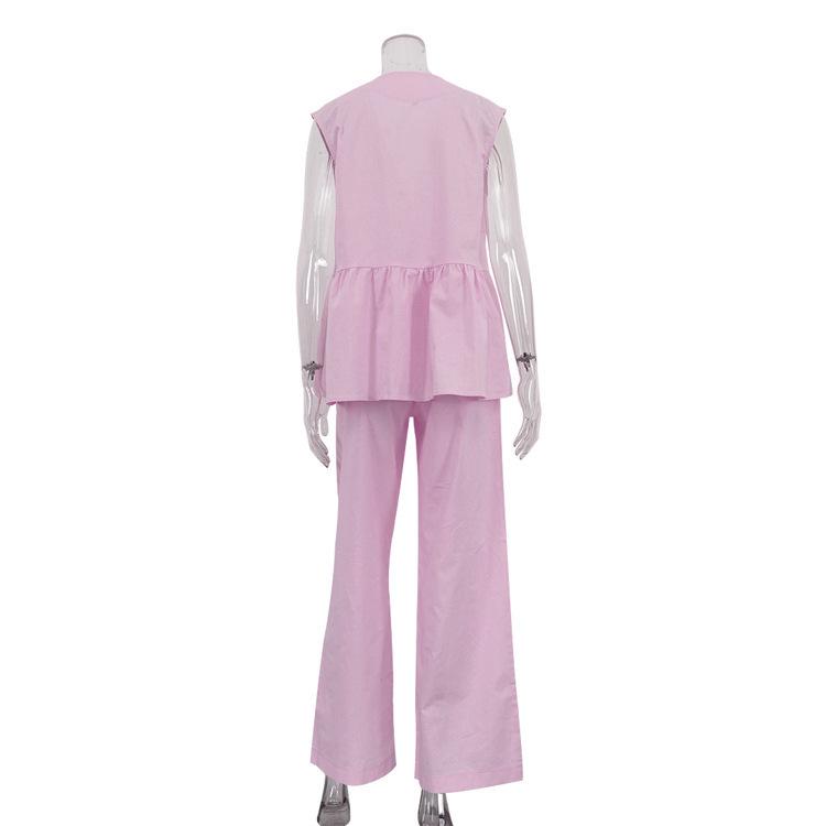2025 European & American Style V-neck Vest & Long Pants Women's Solid Color Two-piece Set