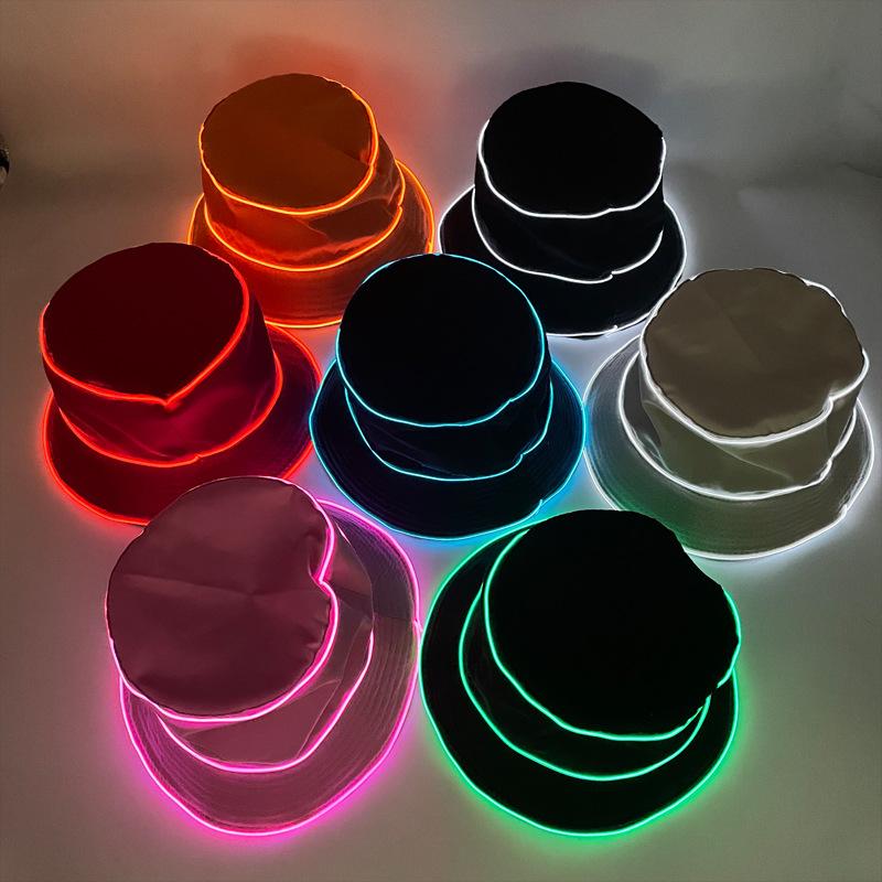 Adult LED Light-Up Flat Top Sun Hat Unisex Logo Embroidery Bucket Cap Solid Color Promotional Gift