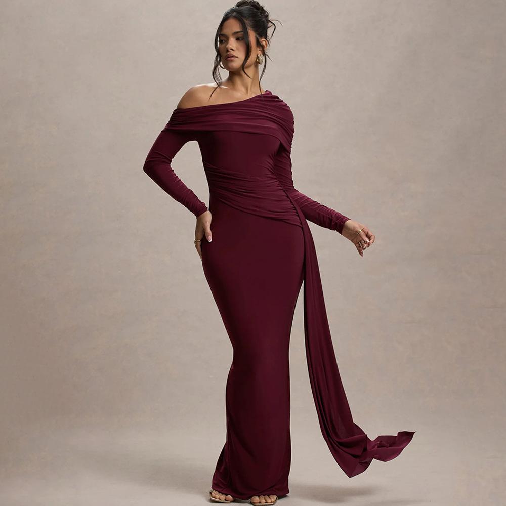 Women's One Shoulder Long Sleeve Maxi Dress Fitted High Waist Ruched Drape Sash Bodycon Evening Gown