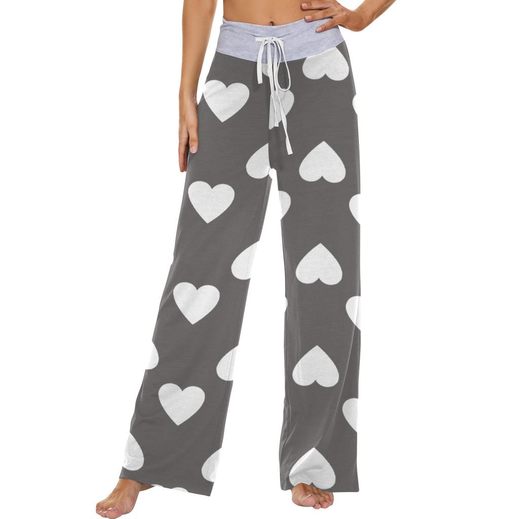 Women's Fashion Casual Comfortable Pajama Pants Love Printed Drawstring Wide Leg Pants Trousers