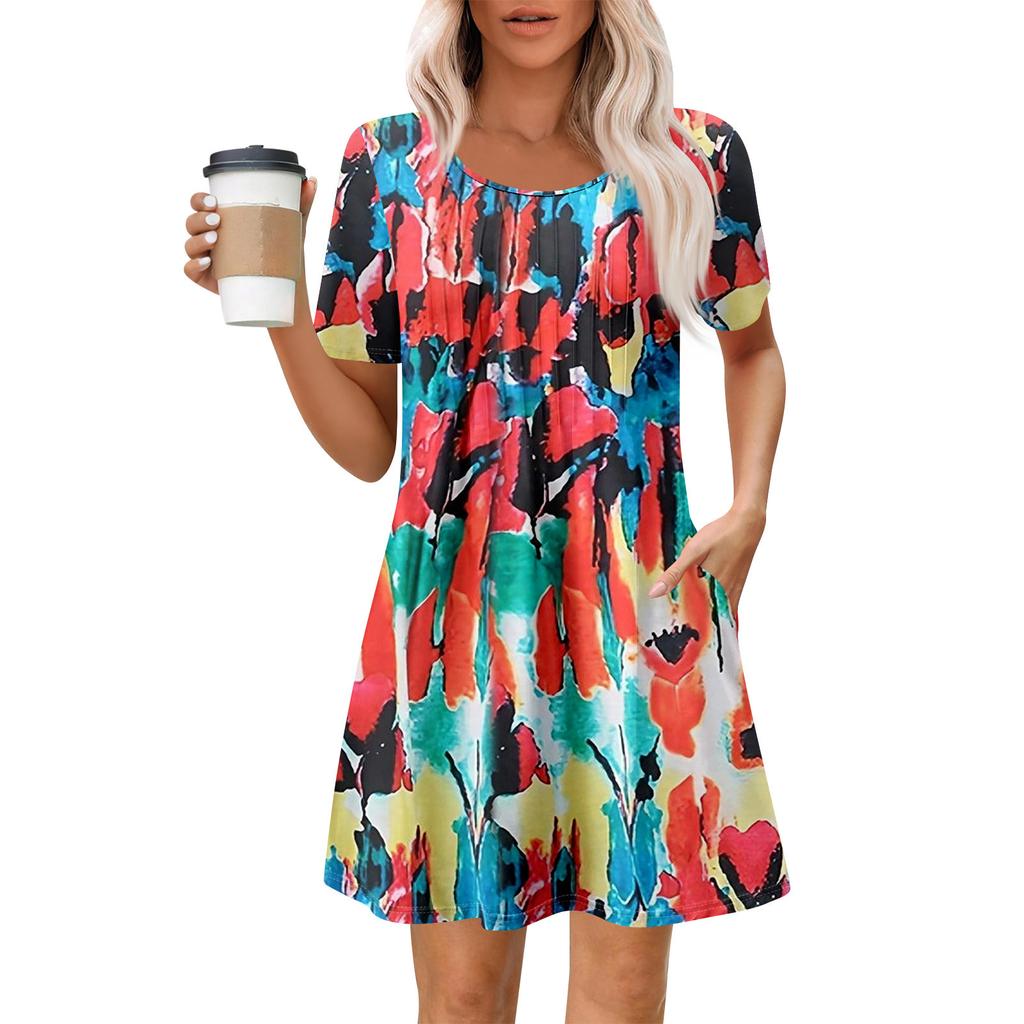 Женское летнее платье свободного покроя для пляжного отдыха, сарафан с коротким рукавом и круглым вырезом, с карманом, с коротким рукавом, платье-рубашка