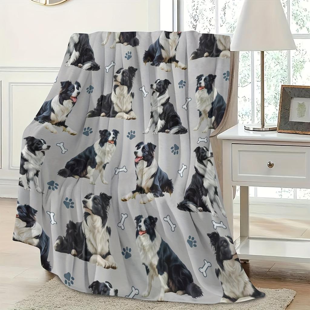 Cozy Border Collie Print Flannel Blanket Tear Resistant All Season Warm Throw for Pet Lovers Home Office Decor