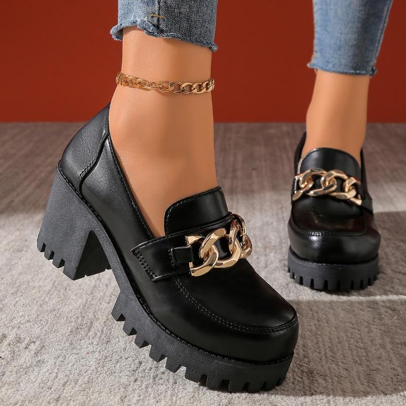 Metal Chain Square Heel Single Shoes Autumn New Round Toe Deep Mouth Platform Non-Slip High Heels