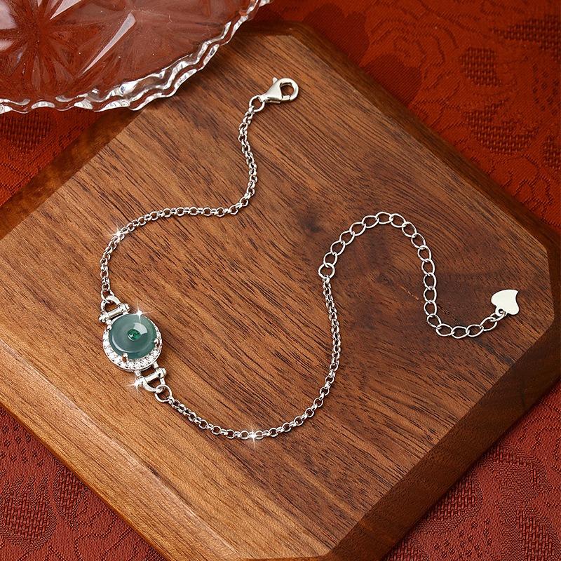 Ping An buckle sterling silver s925 bracelet, natural blue water jadeite retro exquisite temperament, new jewelry women's daily jewelry gifts