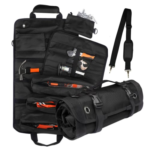 Choskiave Tool Bag, Tool Roll Bag, Car Tool Bag, Multifunctional, Large Capacity, Heavy-Duty, 6 Storage Pockets, Includes Spanner Roll Pouch, Wall-Mou