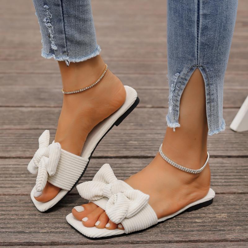 Fashion Fashion Leopard Bowknot Decoration Fabric Slippers Women Summer Square Toe Flat Heel Slip On Sandals Sweet White Beach Shoes