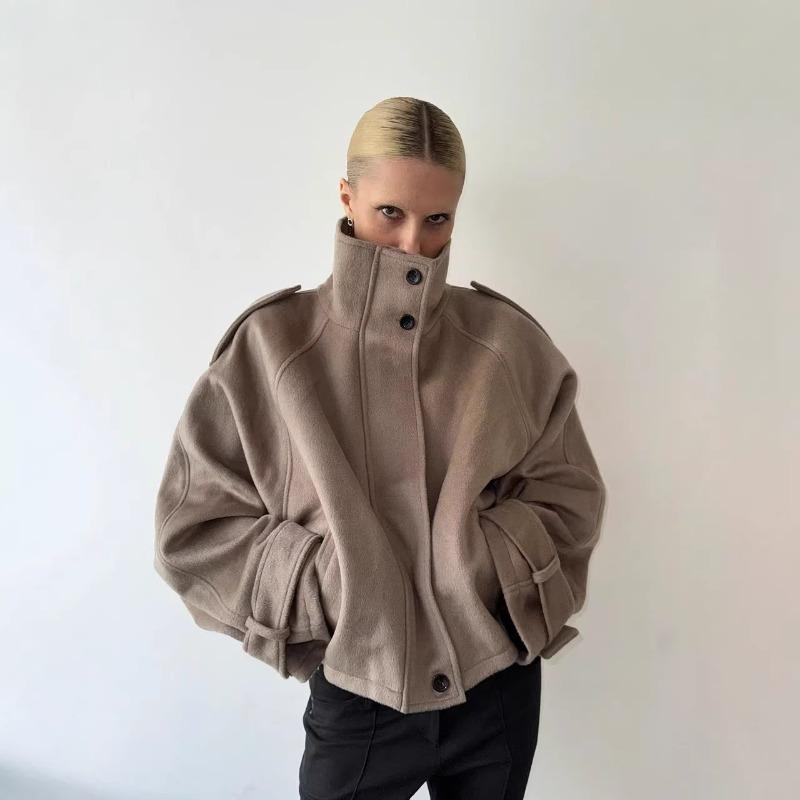High quality temperament grey stand-up collar woolen jacket women's autumn and winter loose casual jacket