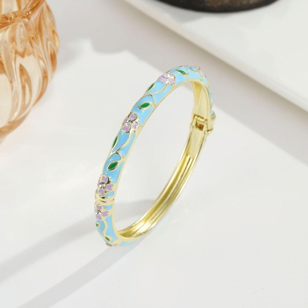 Metal Cloisonne Bracelet Retro Enamel Flower Bangle Closed End Enamel Bracelet Ethnic Style