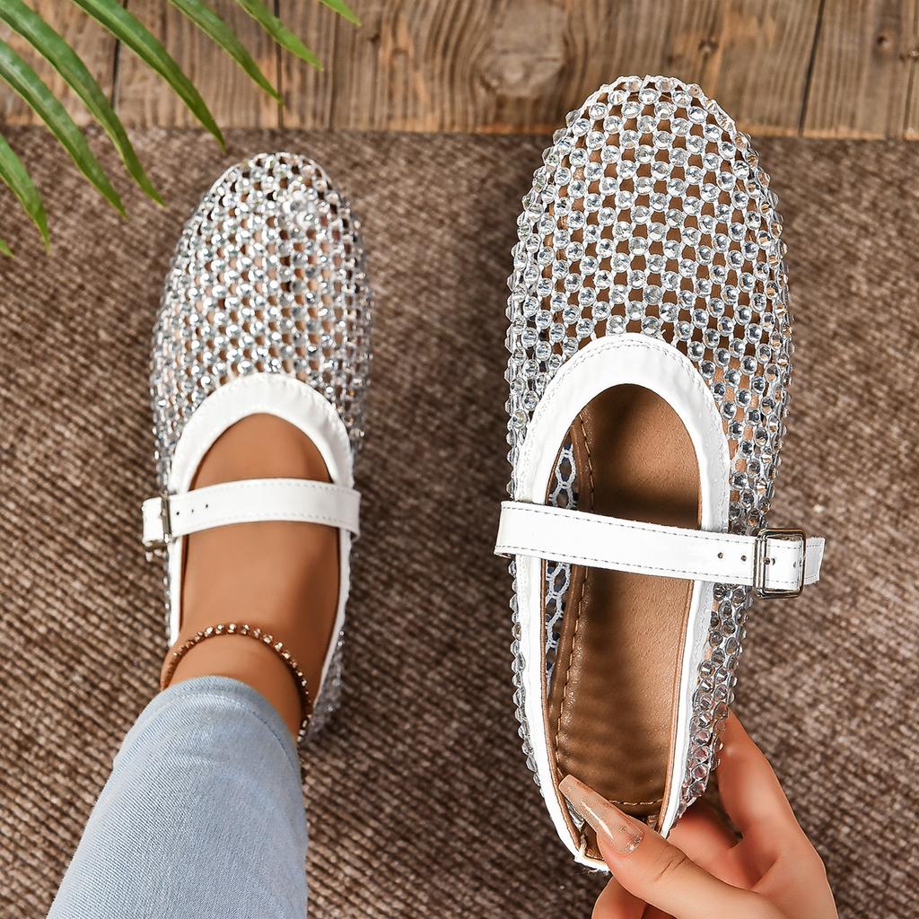 2024 Summer Mesh Buckle Hollow Breathable Flat Shoes Full Diamond Women's Sandals Hollow Fashion Single Shoes Fishing Net Shoes Women's