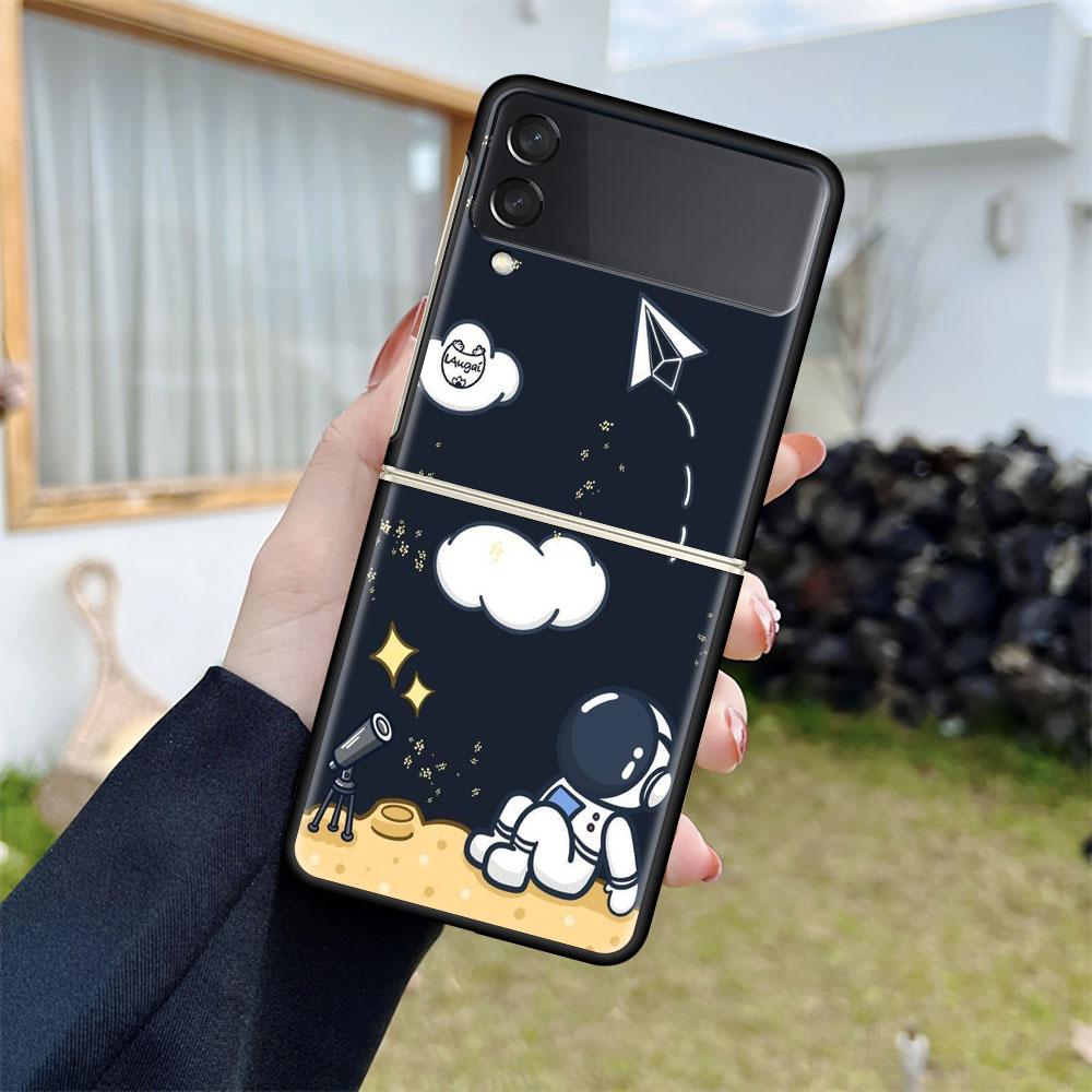 Роскошный чехол для Samsung Galaxy Z Flip 4 3 5G, черный ПК, жесткие чехлы для телефонов, модная задняя крышка ZFlip Funda, мультяшный крутой мешок астронавта