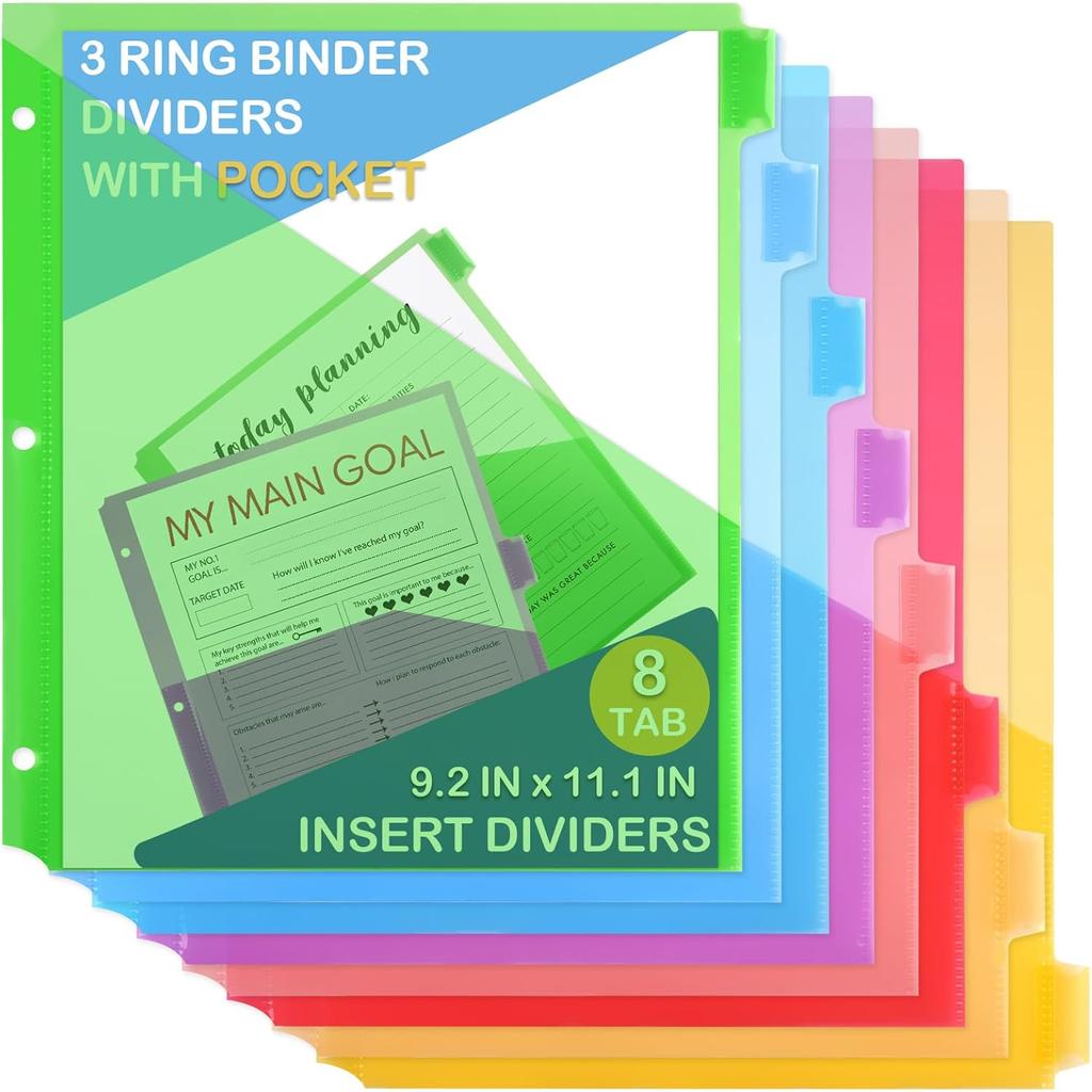 3 Ring Binder Dividers with Pockets, 8 Tab Plastic Dividers for 3 Ring Binders, Heavy Duty Binder Dividers with Blank Write Tabs for School Office