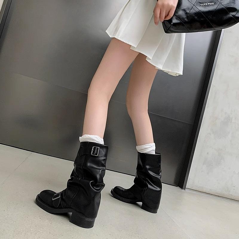 Vintage Western Cowboy Boots Women's 2025 Pleated Pile Boots Round Head Chubby Heel Belt Buckle Medium Pants Tube Knight Boots