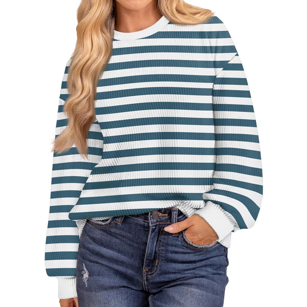 Женские повседневные свободные туники, топы с круглым вырезом, трикотажные ребристые рубашки с принтом, длинный рукав, пуловер, топ