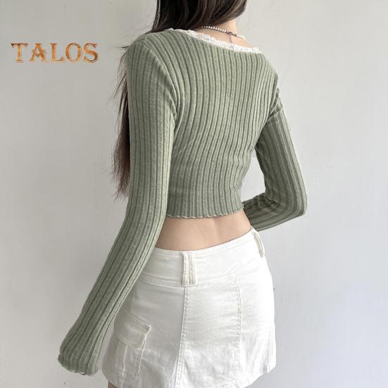 Женские топы с V-образным вырезом, кружевной строчкой, длинным рукавом, неровным подолом, однотонные облегающие укороченные топы в рубчик