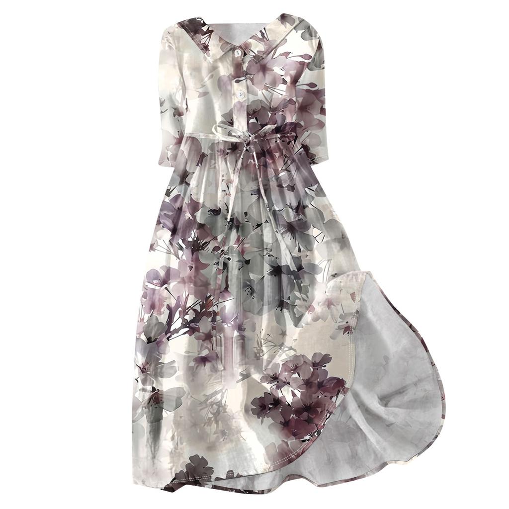 Women's Fashion Floral Printed Lapel Buttoned Seven-Point Sleeve Dress With Tie-Downs