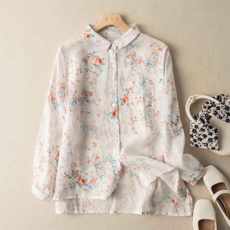 Fashionable Chinese Style Cotton and Linen Top Printed Shirt Retro Long Sleeve Floral Temperament Versatile Cardigan