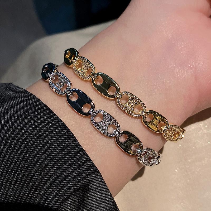 Новый браслет в форме свиного носа с инкрустацией из бриллиантов на половину лица, женский легкий роскошный позолоченный браслет ручной работы