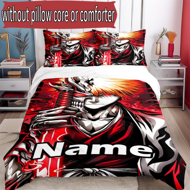 3pcs Duvet Cover Set (1*Duvet Cover + 2*Pillowcase, Without Core), Custom Name BLEACH Pattern Bedding Set, Home Bedroom Decor Gift