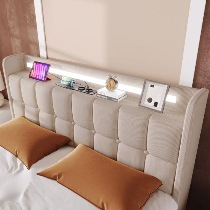 Lit double - MUVOE - 180x200 cm - Beige - Éclairage LED - 4 tiroirs - Recharge USB