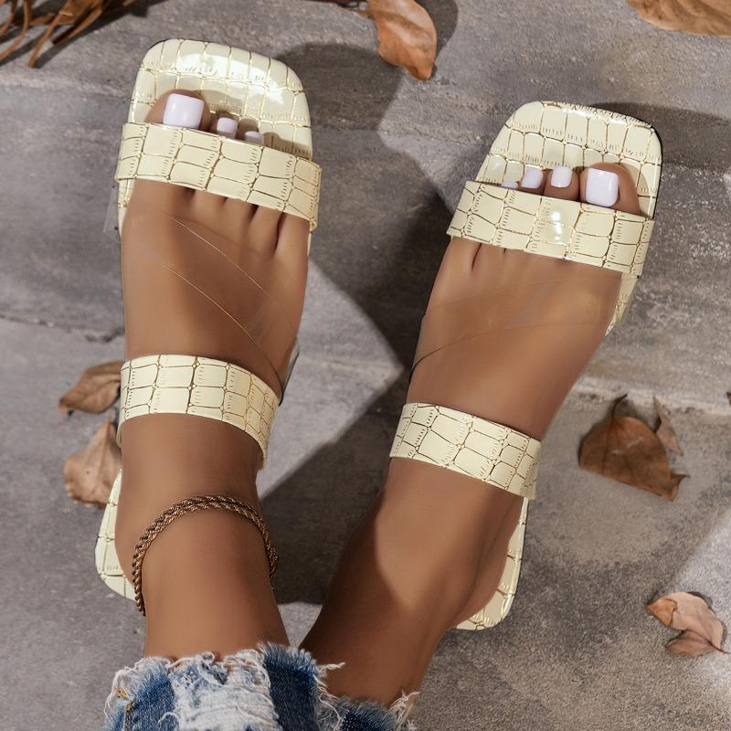New Flat-bottomed Slippers Women's Toe Wear Square Head One-word Sandals Women's Shoes