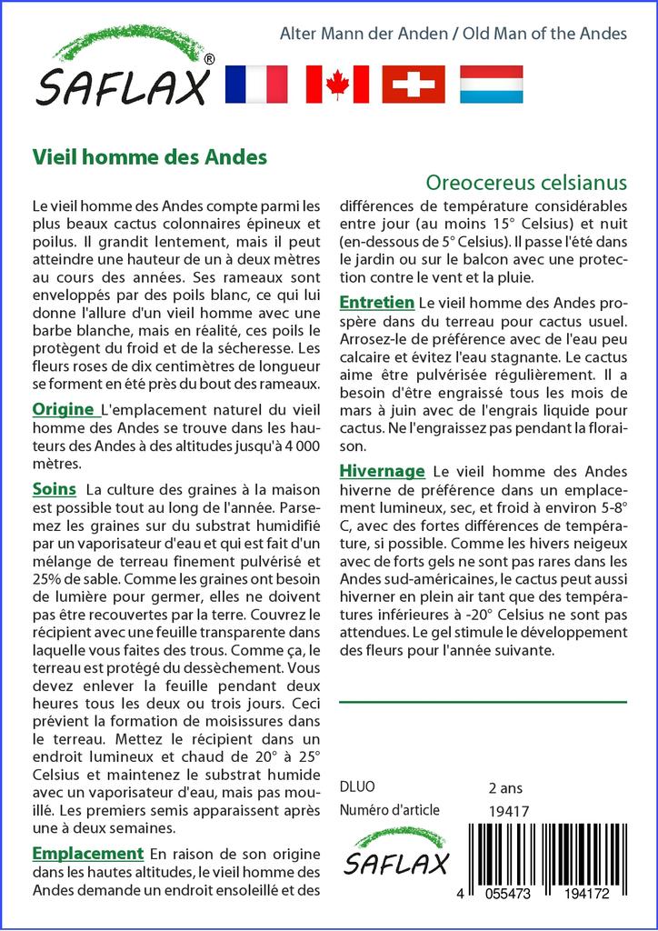 SAFLAX Garden in the Bag - Old Man of the Andes - 40 семян - С субстратом в подходящем пакете - Oreocereus celsianus